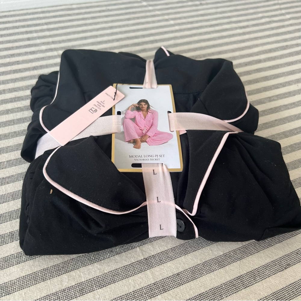 Victoria's Secret Modal Long Pajama Set black with baby pink piping